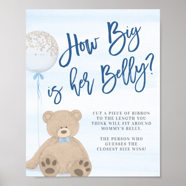 Affiche Garçon Teddy Bear Blue Balloon Baby shower Belly J (Devant)