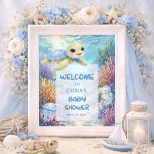 Affiche Garçon Tortue de Mer Mignon Bienvenue à la Baby Sh