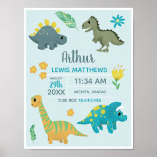 Affiche Garçons Bleu Cute Dinosaur Naissance Statistiques 