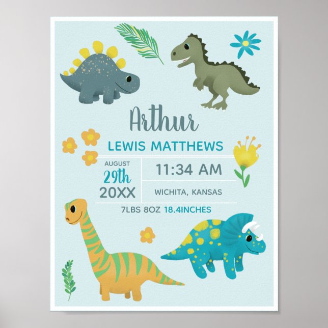 Affiche Garçons Bleu Cute Dinosaur Naissance Statistiques  (Devant)