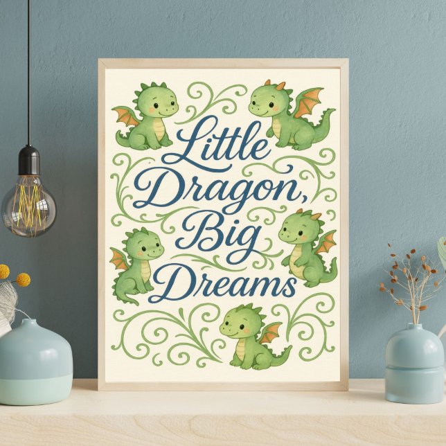 Affiche Garçons Dragon Nursery Petit Dragon Grands Rêves (Boys Nursery Wall Art, Blue Lettering Green Dragons, Little Dragon, Big Dreams, Toddler Boys Room)
