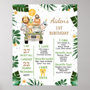 Affiche Garçons Safari Animaux 1er anniversaire Jalon
