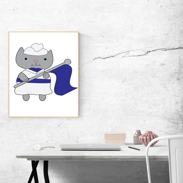 Affiche Garde couleur chat bleu blanc (A poster of a gray cat in a blue and white color guard uniform complete with flag.)