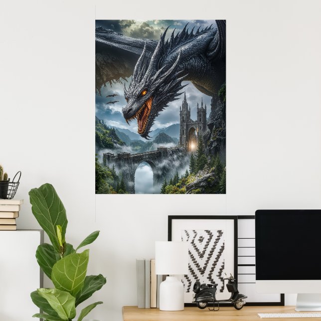 Affiche Garde de dragon noir protégeant un château de mont (Bureau à domicile)