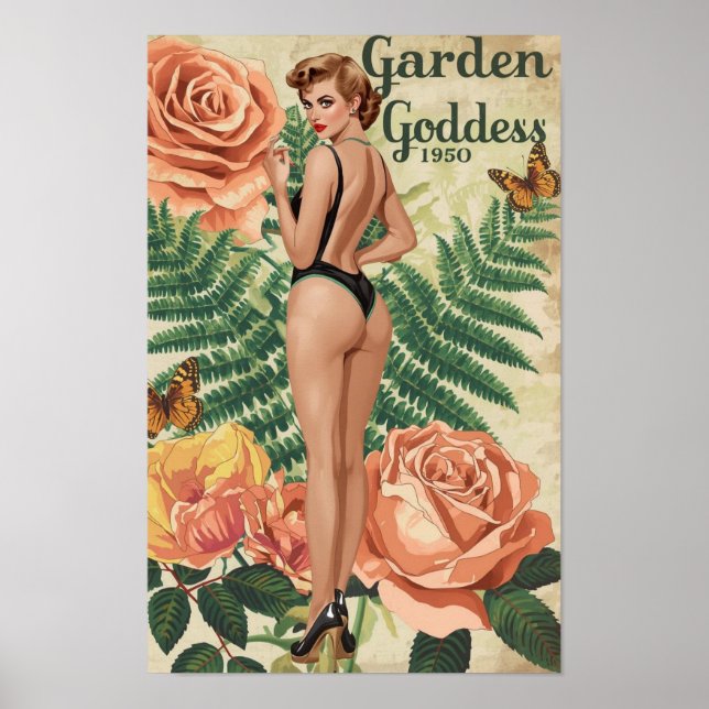 Affiche Garden Goddess 1950 – Retro Pin-Up Botanical Colla (Devant)