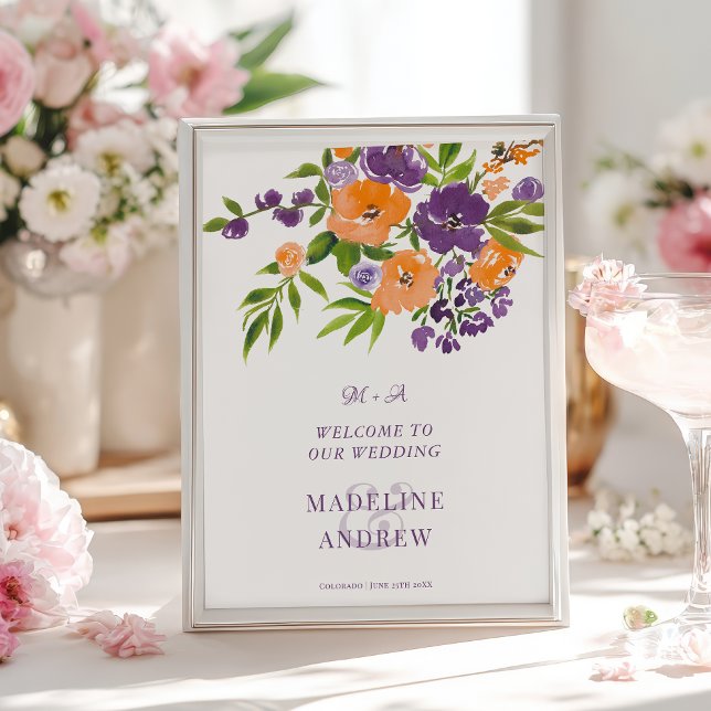 Affiche Garden Purple Orange Floral wedding Welcome (Garden Purple Orange Floral wedding Welcome Poster)
