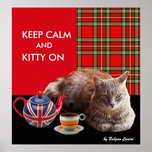 AFFICHE "GARDEZ CALME ET CHATON À L'AFFICHE" ,TARTAN ROUGE (Devant)