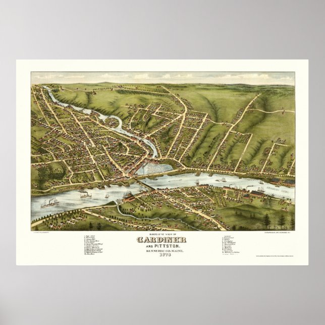 Affiche Gardiner & Pittston, ME Carte panoramique - 1878 (Devant)