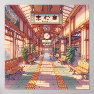 Affiche Gare de train rétro des années 90 de l'anime Japon
