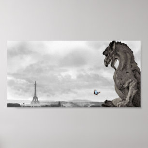 Affiche Gargoyle parisien avec papillon bleu,