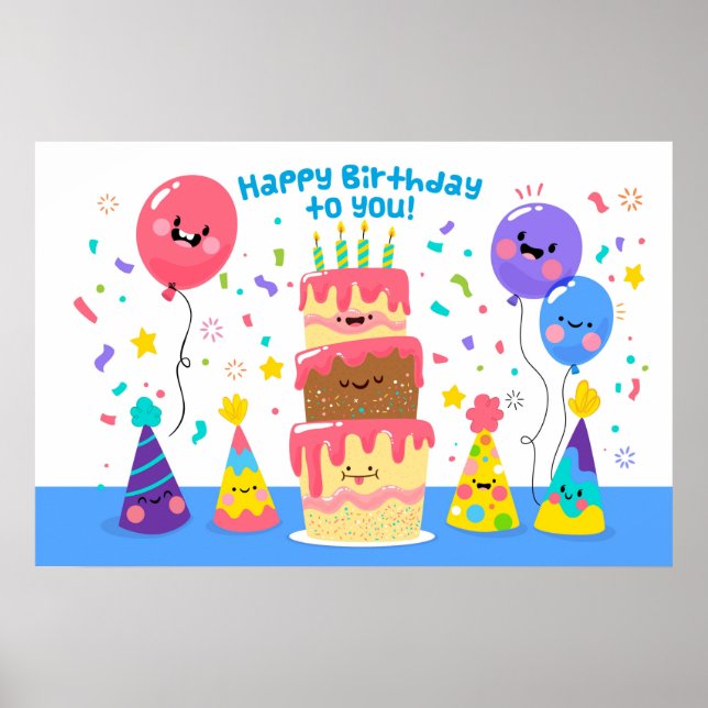 Affiche Gâteau D'Anniversaire Souriant Et Ballons (Devant)