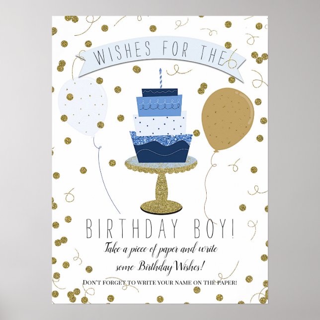 Affiche Gâteau de premier anniversaire Blue & Gold Sugar i (Devant)