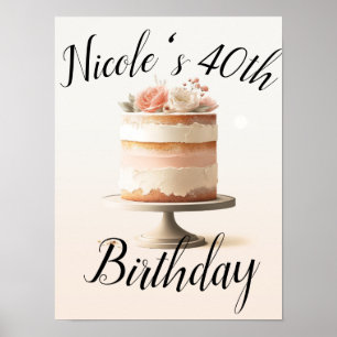 Affiche Gâteau Floral Élégant Rose Pêche Fête d'Anniversai