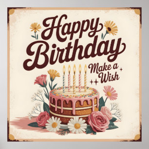 Affiche Gâteau floral vintage "Joyeux Anniversaire - Fais