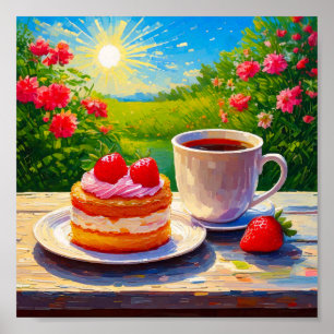 Affiche Gâteau fraise et café délicieux