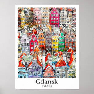 Affiche Gdansk Pologne Aquarelle Voyage Sketch Main tirée