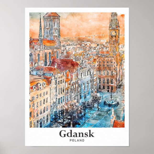 Affiche Gdansk Pologne Voyage Aquarelle main tirée (Devant)