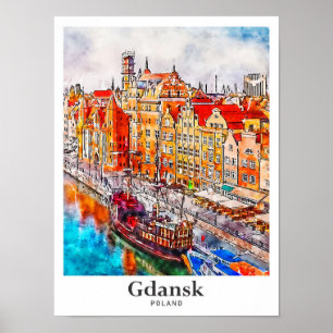 Affiche Gdansk Pologne Voyage Aquarelle main tirée
