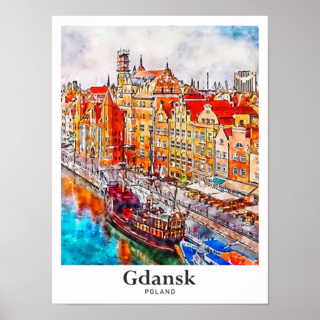 Affiche Gdansk Pologne Voyage Aquarelle main tirée (Devant)