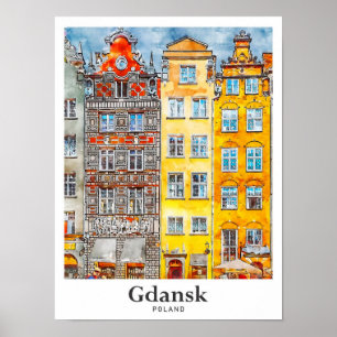 Affiche Gdansk Pologne Voyage Aquarelle main tirée