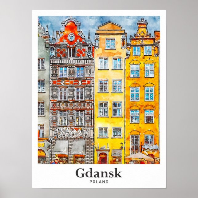 Affiche Gdansk Pologne Voyage Aquarelle main tirée (Devant)