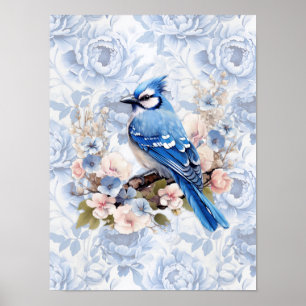 Affiche Geai bleu avec fleurs bleu barbeau et rose tendre 