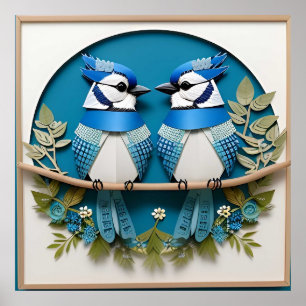 Affiche Geais bleus perchés parmi les détails floraux