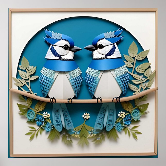 Affiche Geais bleus perchés parmi les détails floraux (Devant)