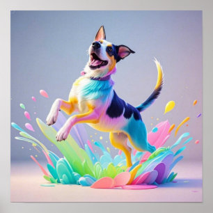 Affiche Géant coloré heureux jouant chien drôle, splash