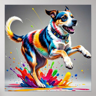 Affiche Géant coloré heureux jouant chien drôle, splash