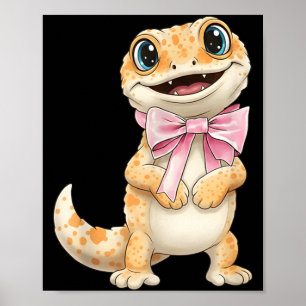 Affiche Gecko Coquette avec Nœud Ruban Rose Filles Drôles