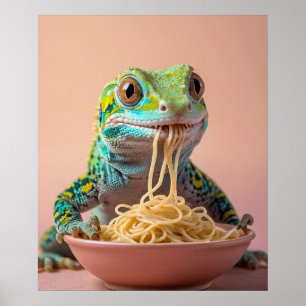 Affiche Gecko Drôle Manger Spaghetti