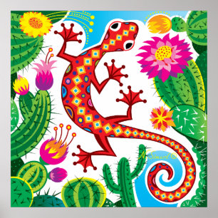 Affiche Gecko du Sud-Ouest avec Fleurs de Cactus