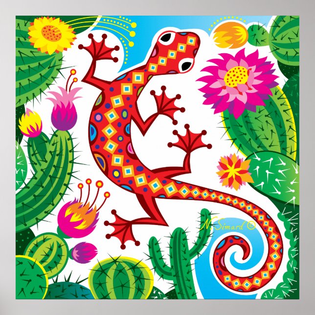 Affiche Gecko du Sud-Ouest avec Fleurs de Cactus (Devant)