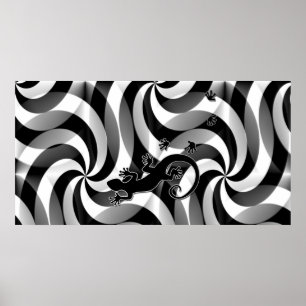 Affiche Gecko en course - tourbillons noir & blanc