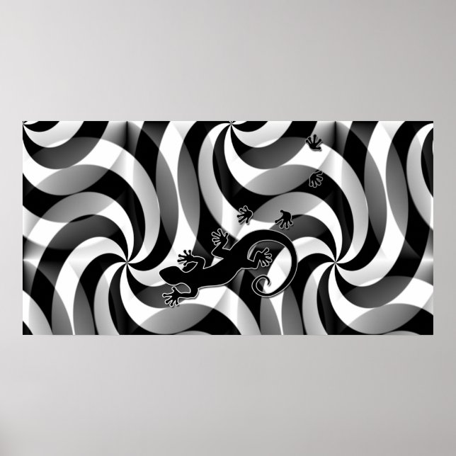 Affiche Gecko en course - tourbillons noir & blanc (Devant)