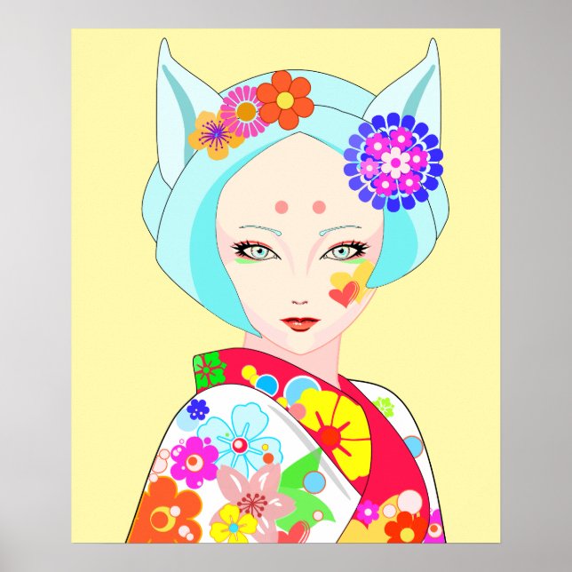 Affiche Geisha avec Fleurs Pop Art (Devant)