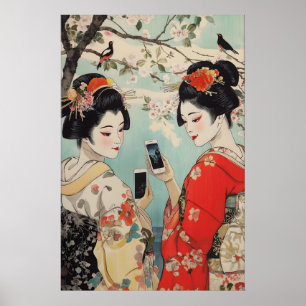 Affiche Geisha avec Smartphones Art Imprimé Ukiyo-e Japona