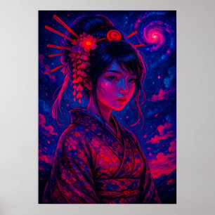 Affiche Geisha cosmique avec Galaxy Sky Imaginaire japonai