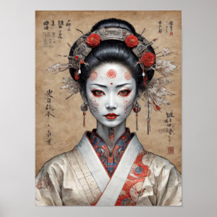 Affiche Geisha cyberpunk japonaise sur parchemin
