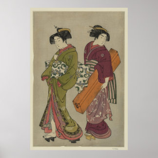 Affiche Geisha et une servante portant sa boîte de shamise