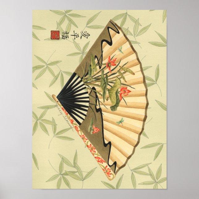 Affiche Geisha Fan avec Feuille et Floral Print (Devant)