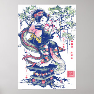 Affiche Geisha Girl With Dragon and Cats 37004