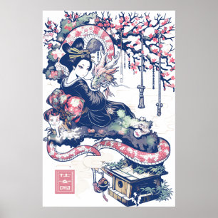 Affiche Geisha Girl With Dragon and Cats 37005