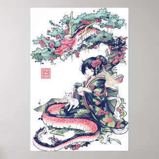 Affiche Geisha Girl With Dragon and Cats 37006