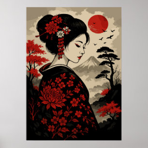 Affiche Geisha japonais aux fleurs rouges et Mont Fuji