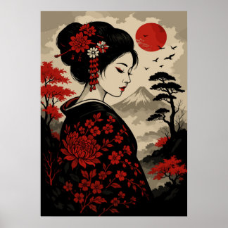 Affiche Geisha japonais aux fleurs rouges et Mont Fuji