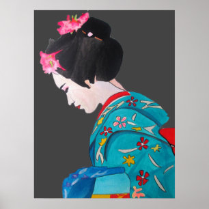 Affiche Geisha japonais avec les fleurs de cerises