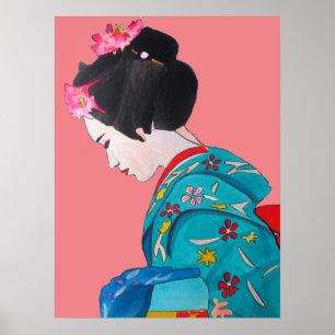 Affiche Geisha japonais avec les fleurs de cerises