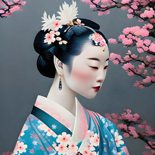 Affiche Geisha Japonais Dans Un Jardin En Fleurs De Cerisi